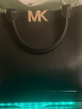 Michael Kors Black Leather Tote with Gold MK Logo
